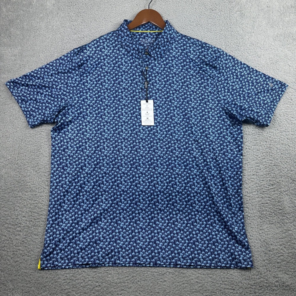 Michel Rouen Performance Polo Mens 2XL Blue‎ Palm Tree Wicking Stretch Golf NEW